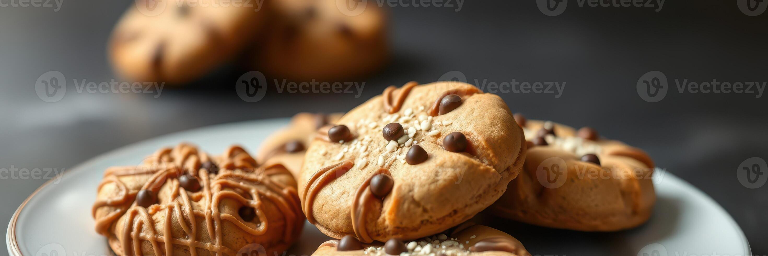 Delicious homemade cookies on a plate with chocolate chips and a sprinkle of sugar set on a dark countertop photo