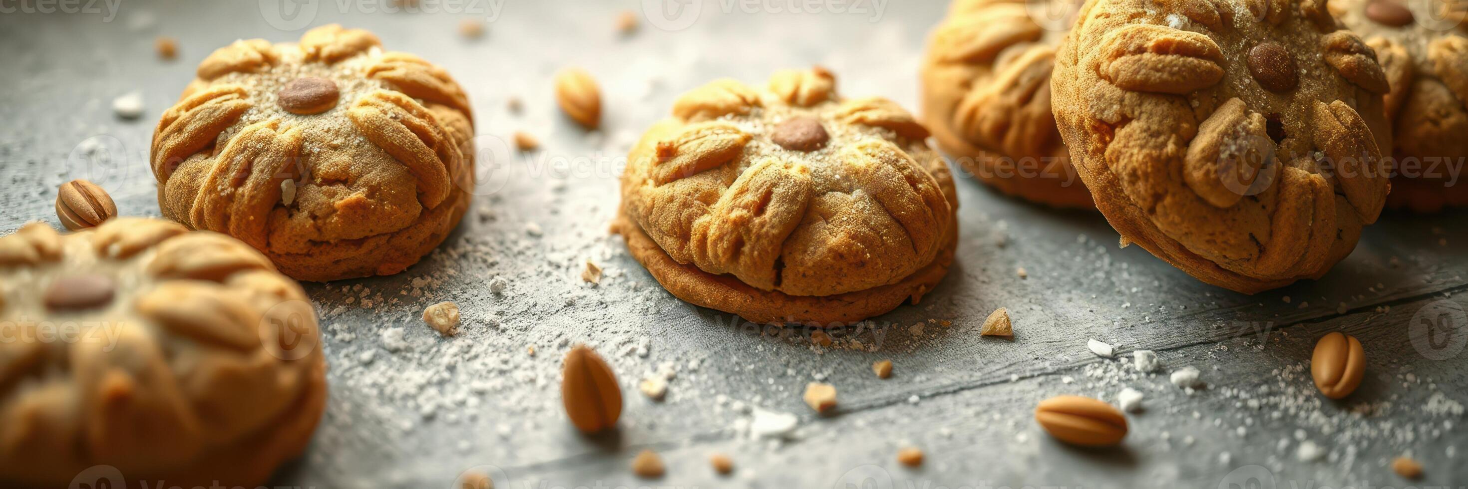 Freshly baked cookies arranged on a dark countertop with scattered nuts and sugar crystals photo