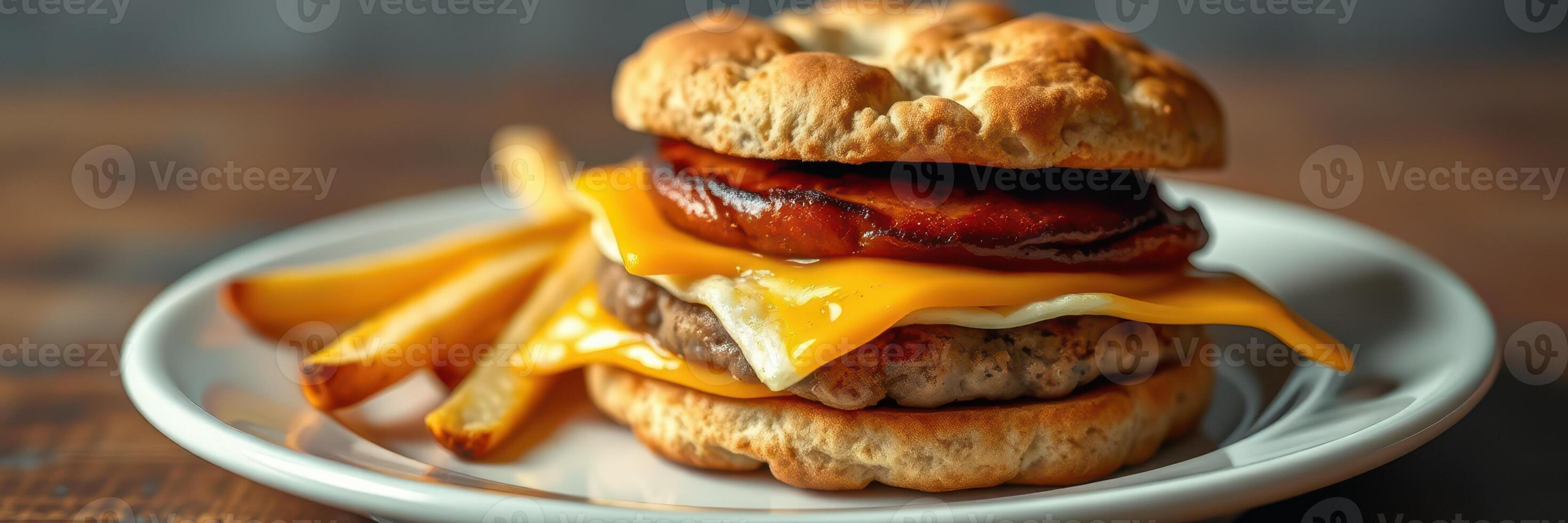 Delicious breakfast sandwich with melted cheese and crispy fries on a rustic wooden table photo
