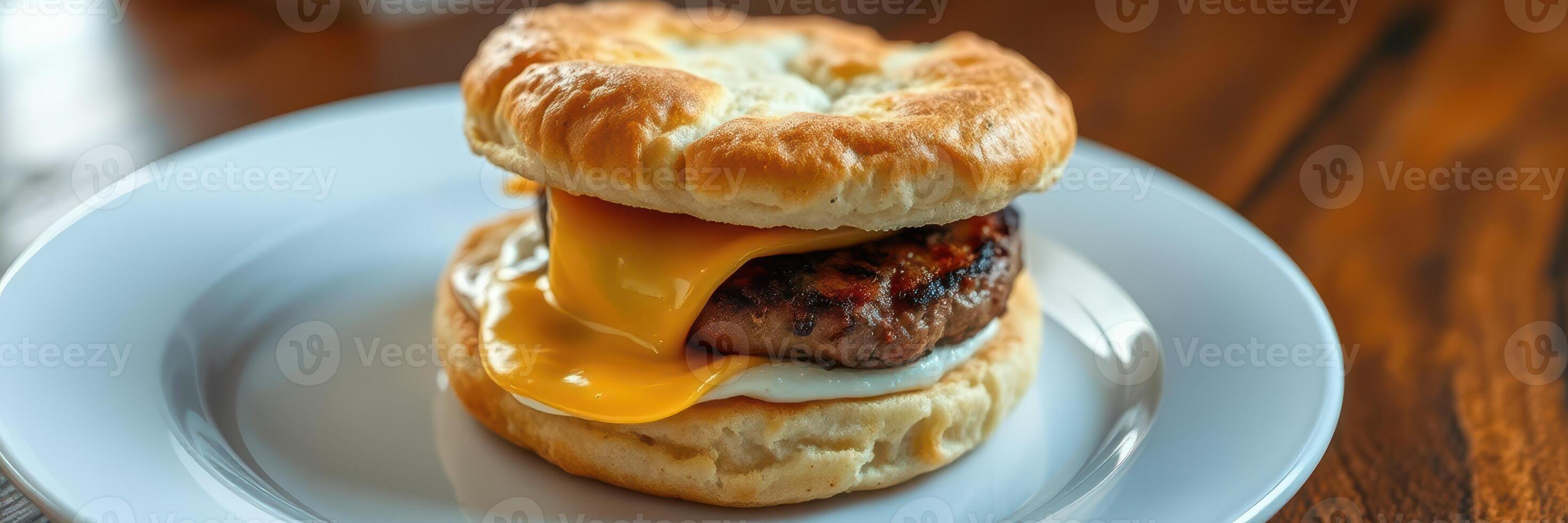 Savory breakfast sandwich with sausage, cheese, and biscuit on a white plate photo