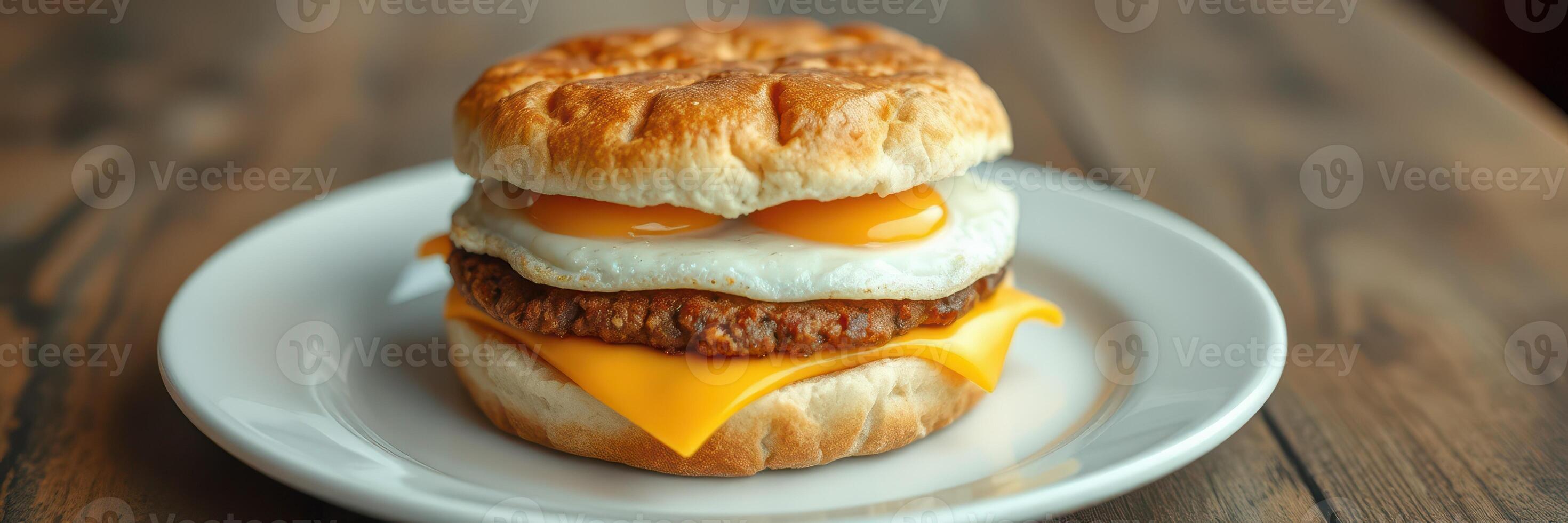 Breakfast sandwich featuring a fluffy biscuit, fried eggs, cheese, and sausage patty served on a white plate photo