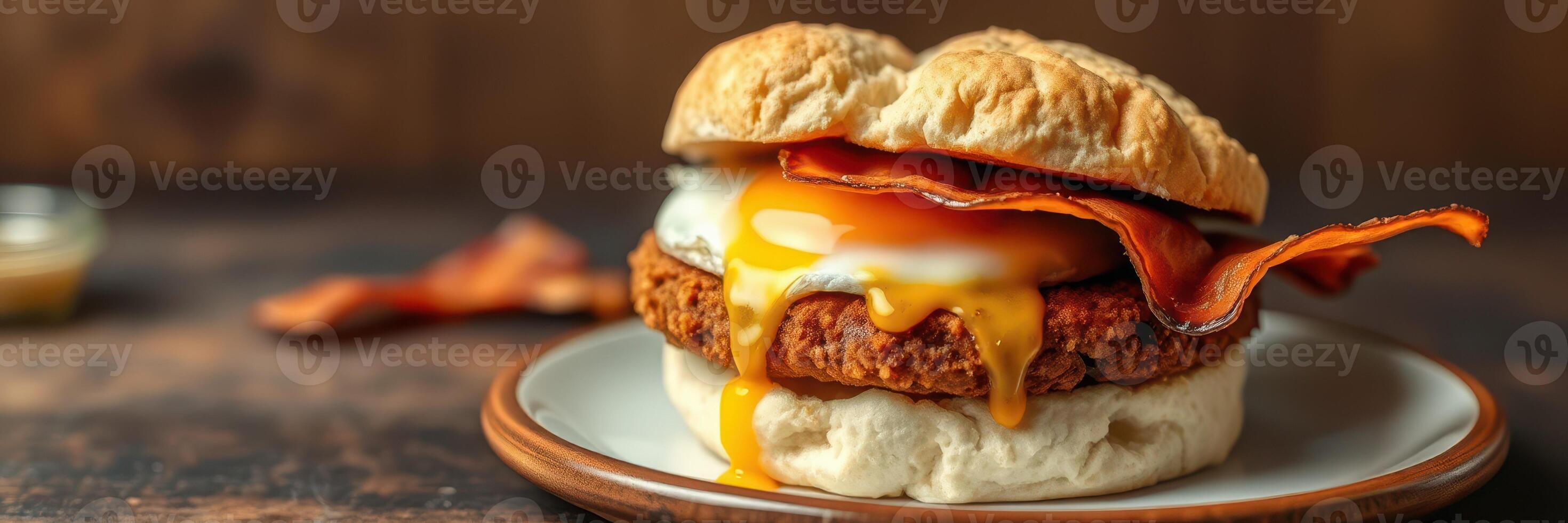 Delicious breakfast sandwich with egg, bacon, and crispy chicken served on a rustic wooden table photo