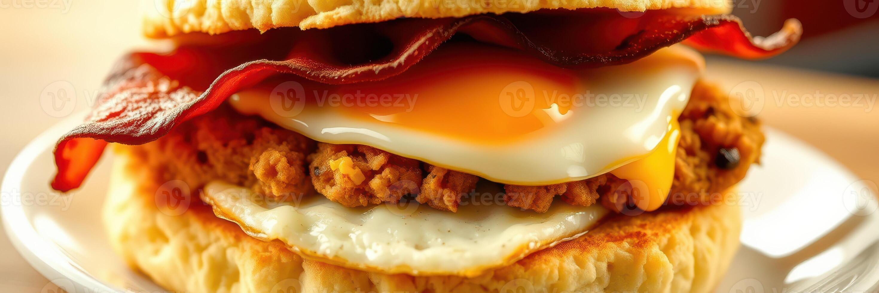 Breakfast sandwich with bacon, egg, and seasoned chicken on a biscuit served in a cozy restaurant setting photo