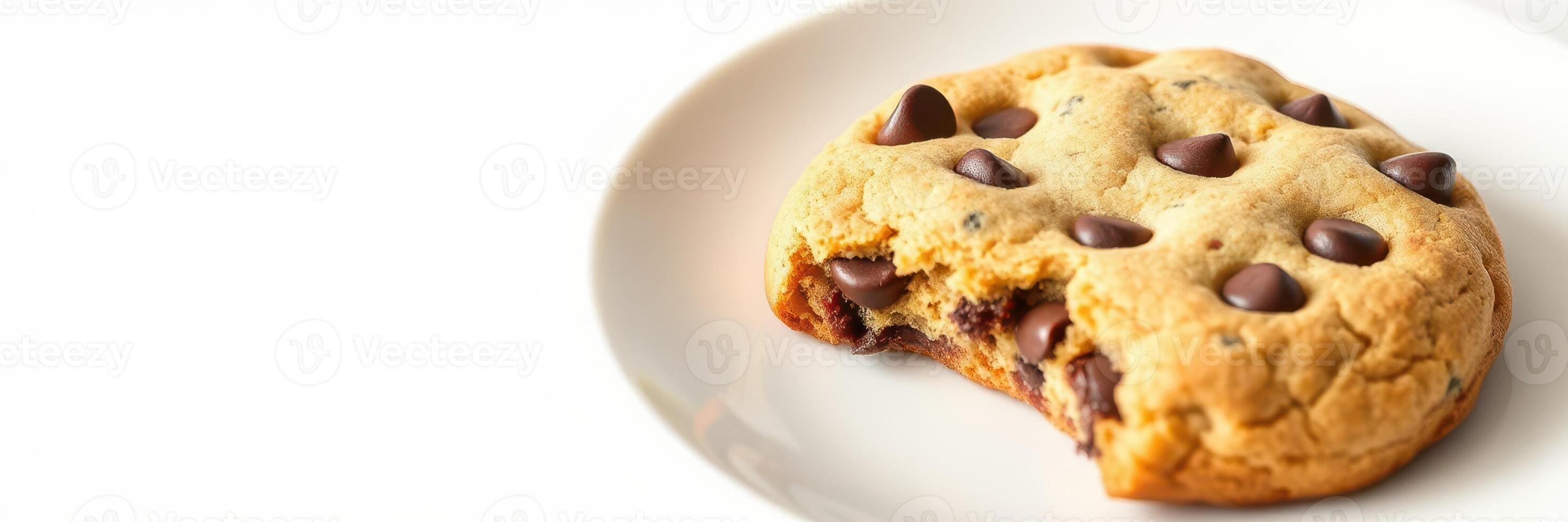 Chocolate chip cookie on a plate with a bite taken out, ideal for dessert lovers and sweet treats photo