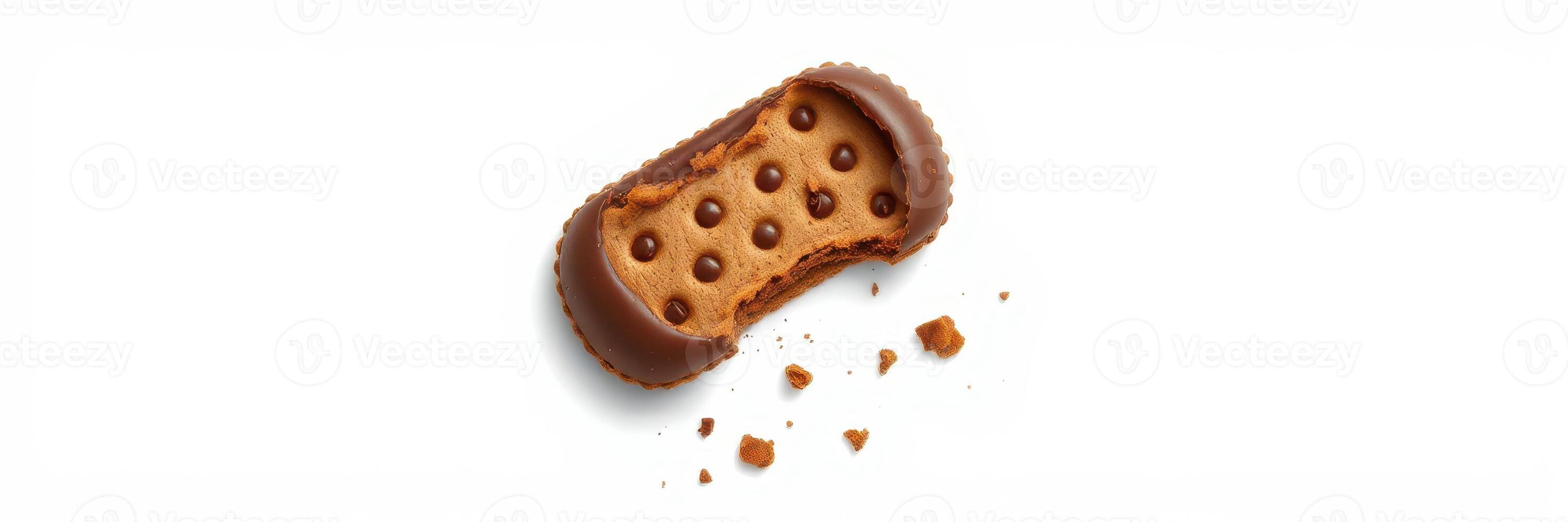Delicious chocolate-covered cookie with a bite taken out and crumbs scattered around it photo