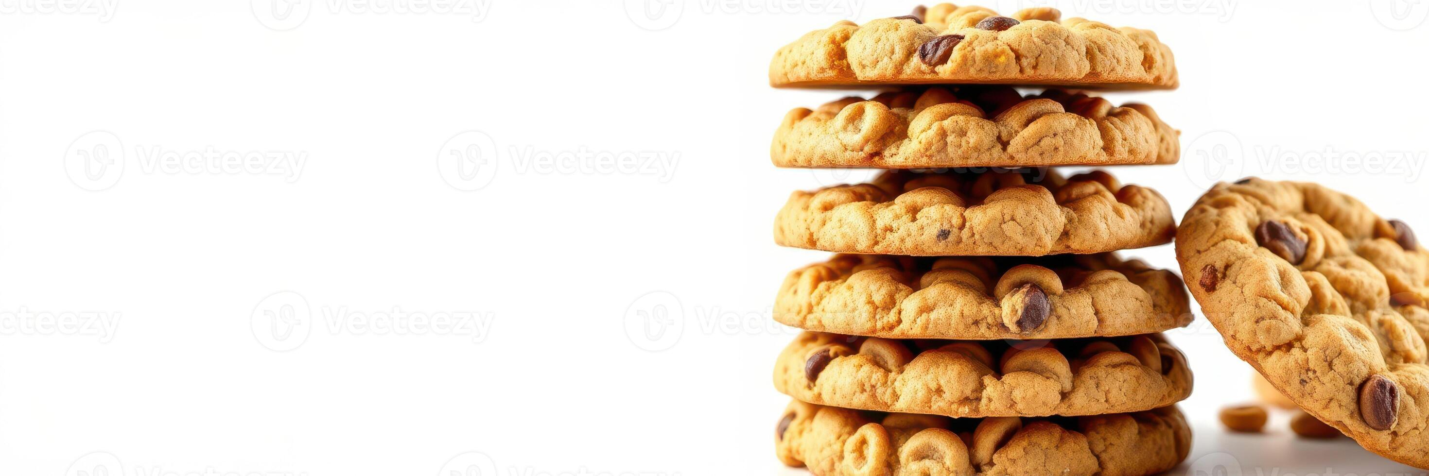 Chocolate chip cookies stacked on a white surface ready for enjoyment at a cozy kitchen setting photo