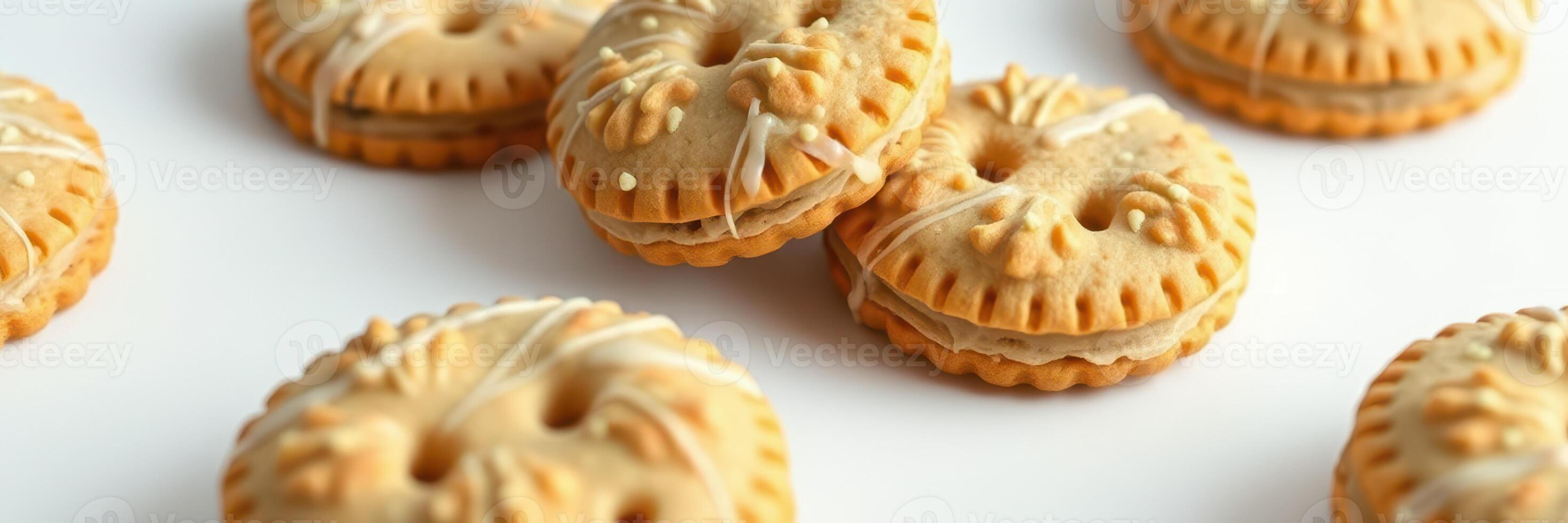 Delicious cookies stacked on a white surface with creamy filling and decorative design photo