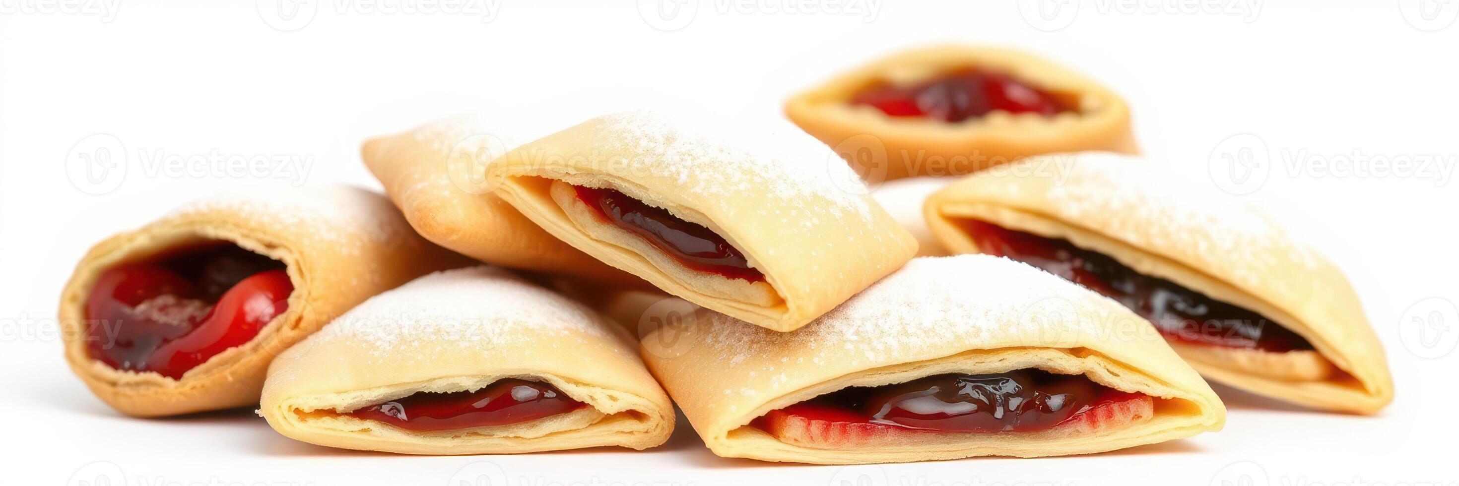 Sweet pastry filled with jam displayed on a white background, perfect for dessert or snacks enjoyed at any time of day photo
