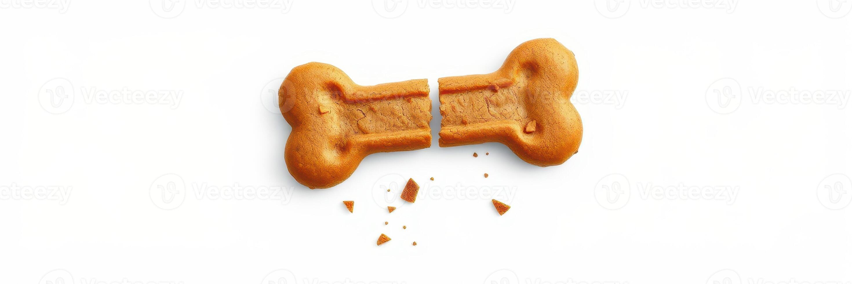 Dog treat shaped like a bone, broken into two pieces on a white background photo
