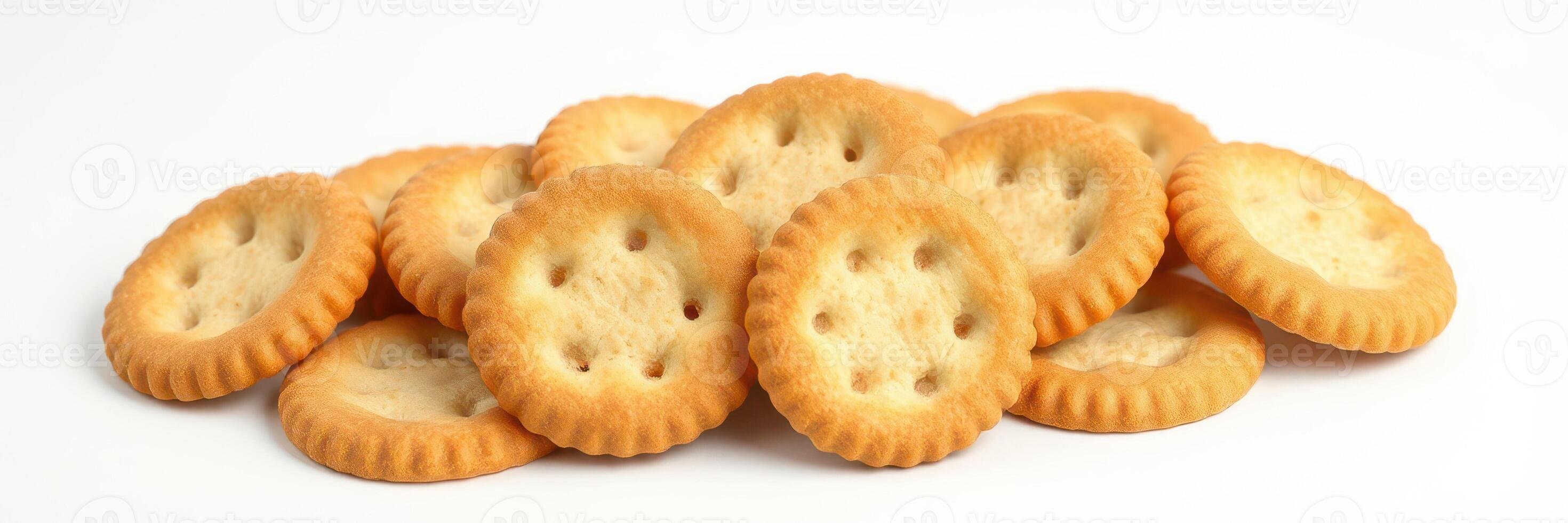 Assorted round crackers piled with a golden brown color on a plain white background photo