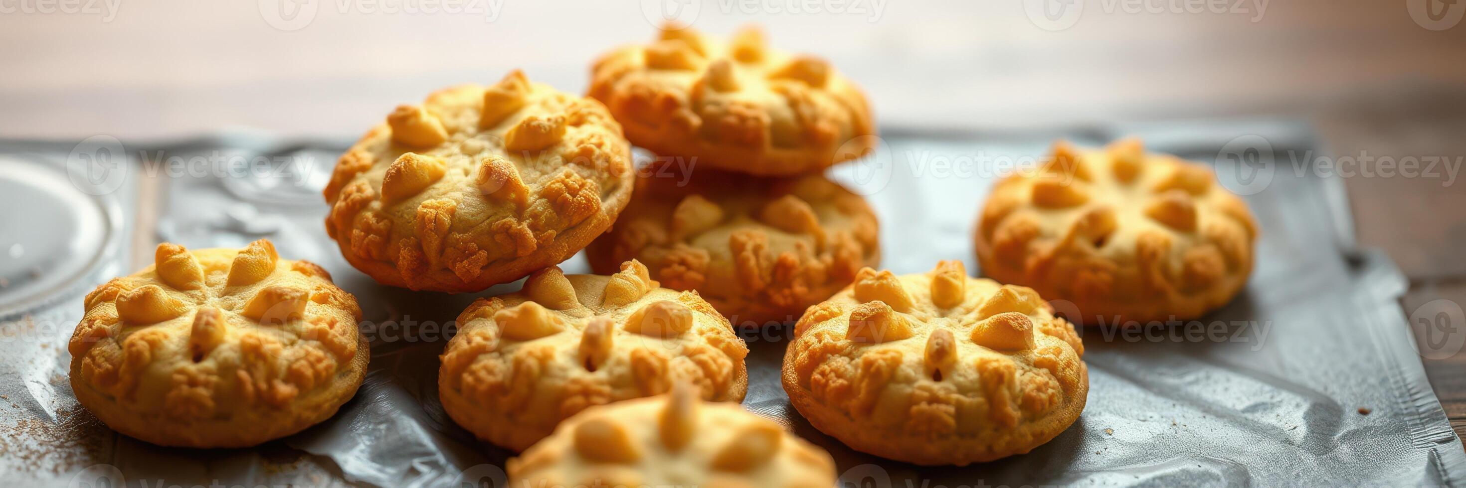 Freshly baked cookies arranged neatly on a cooling rack with a warm, inviting color palette photo