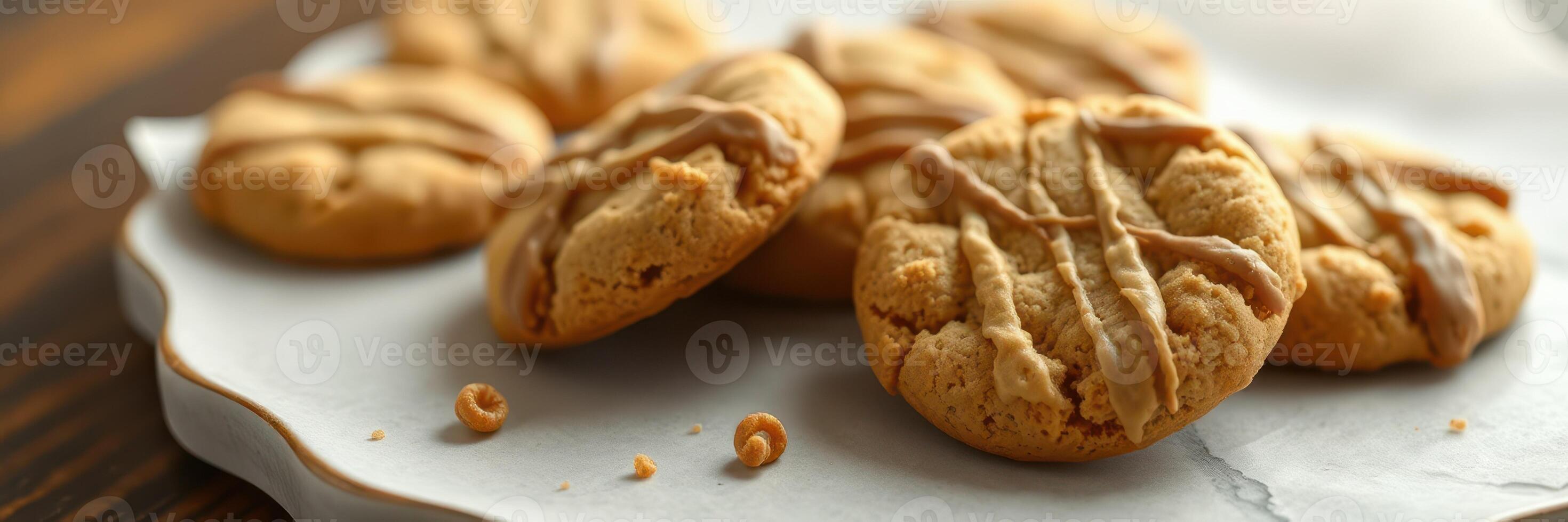Homemade peanut butter cookies arranged on a decorative plate with a rustic wooden background photo