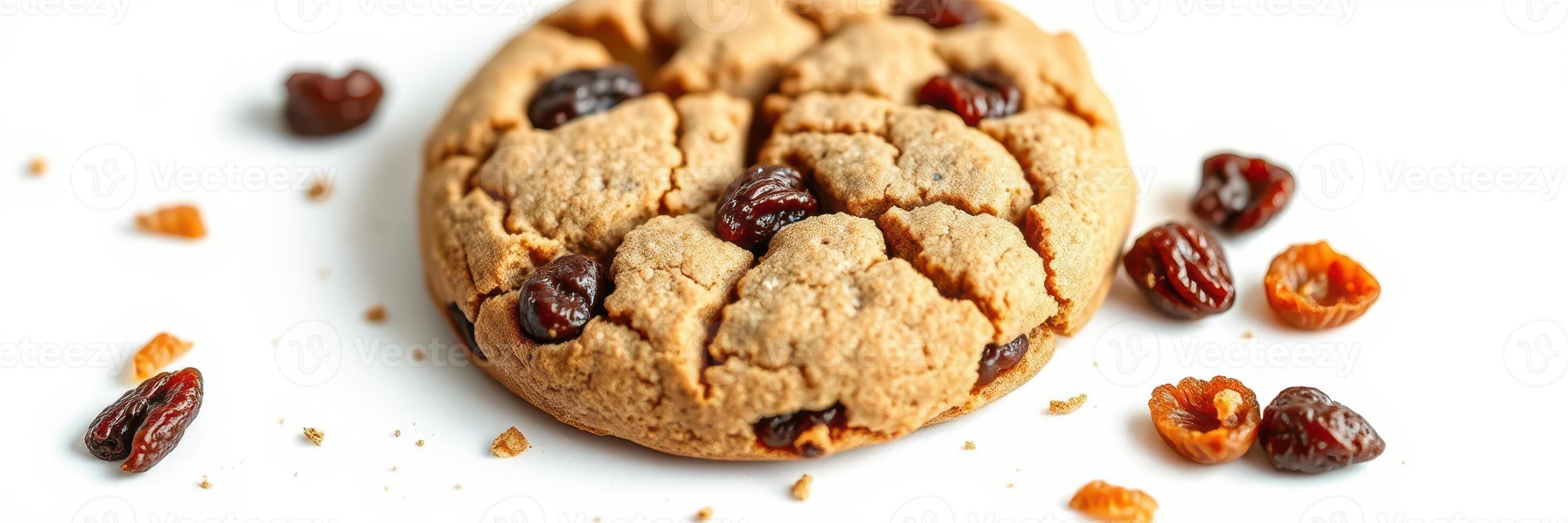 Homemade cookie with raisins on a white background, showcasing its texture and ingredients at a bakery photo