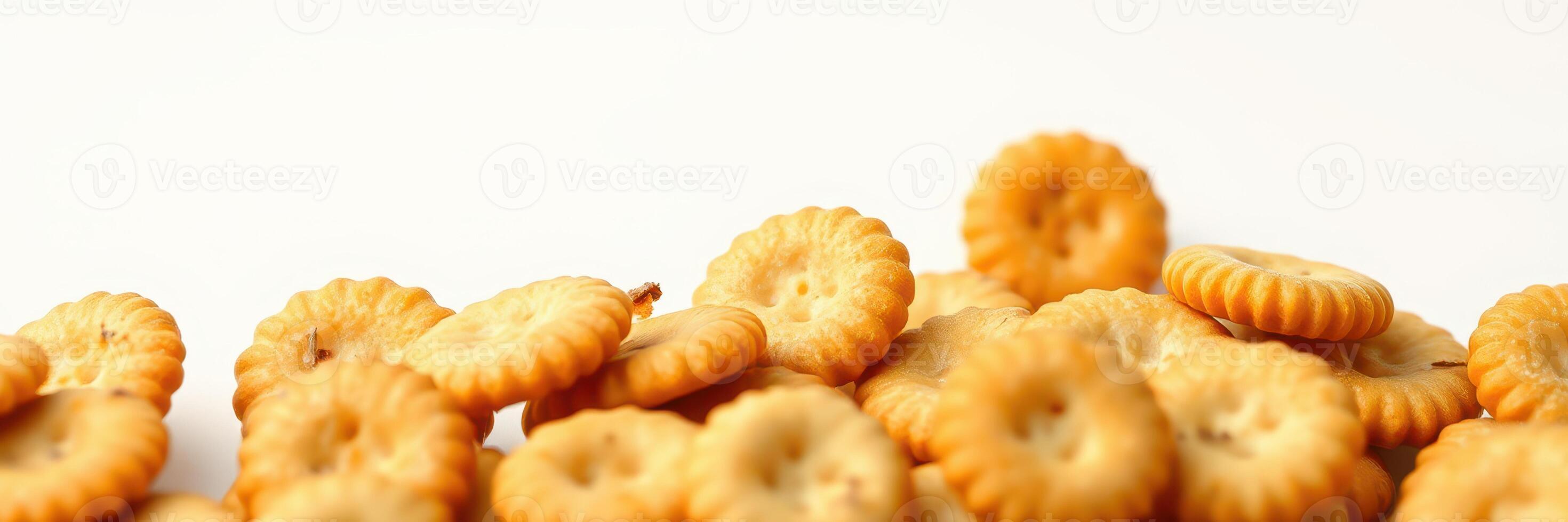 Assorted crispy crackers scattered on a plain background suitable for snacking and culinary use photo
