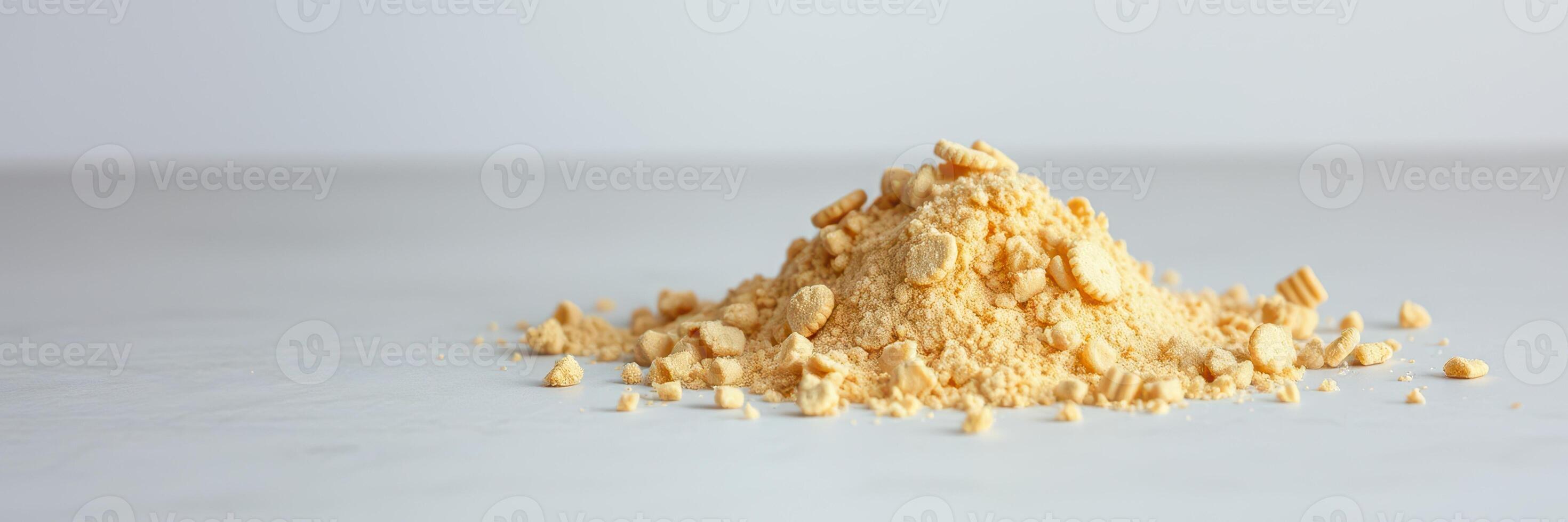 Ground yellow spice is heaped on a neutral background highlighting its texture and color during culinary preparation photo