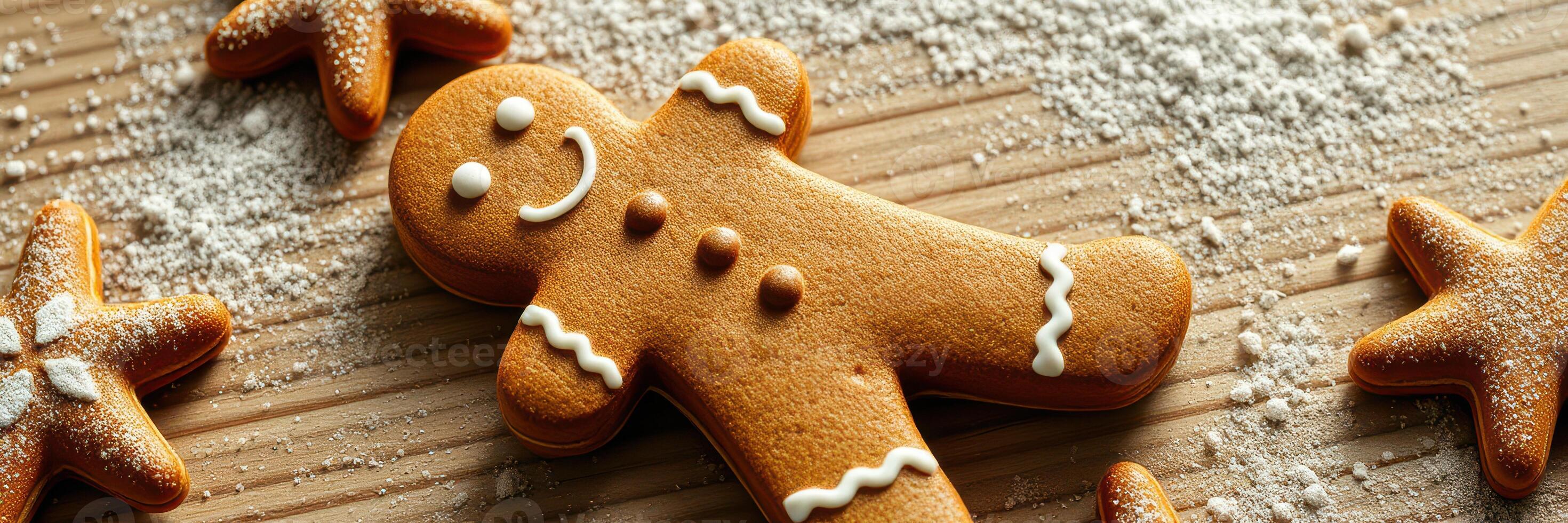 Gingerbread cookies decorated with icing and dusted with powdered sugar on a wooden surface during the holiday season photo