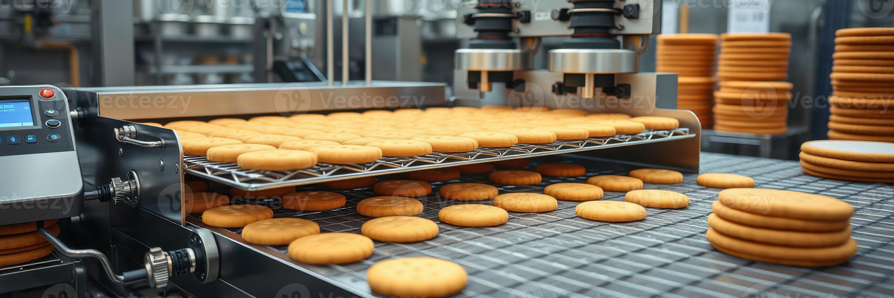 Cookie production line in a factory during daytime with automated machinery and freshly baked cookies photo