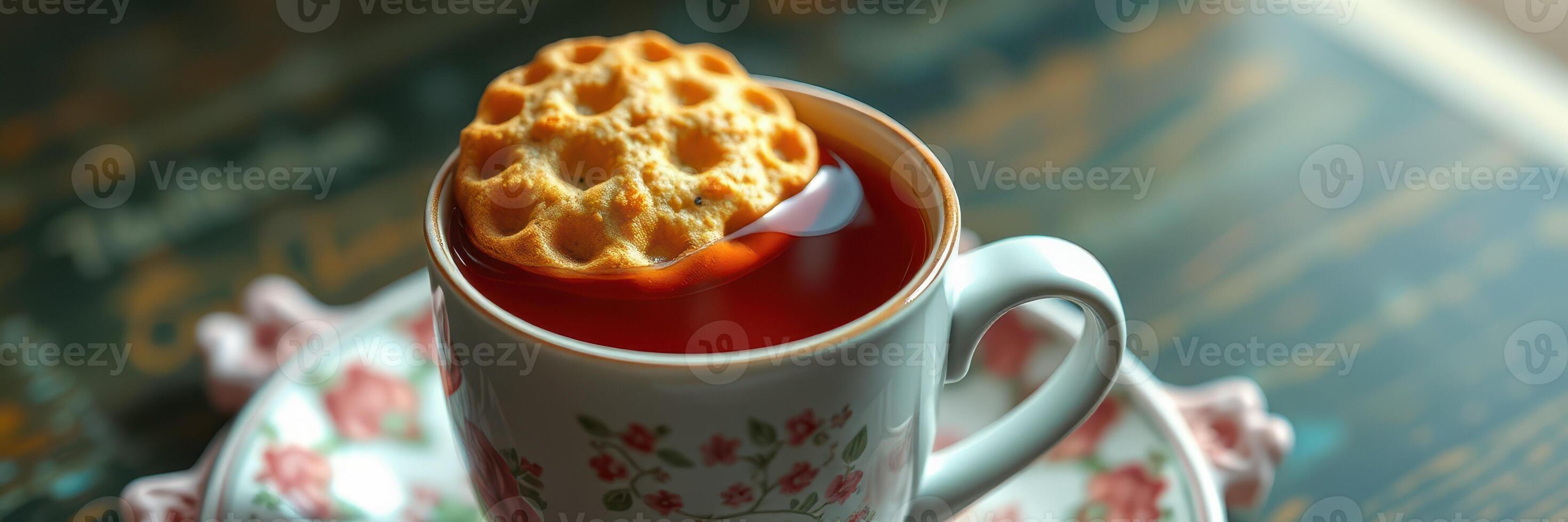 Warm beverage topped with a crispy snack in a cozy setting during afternoon tea photo