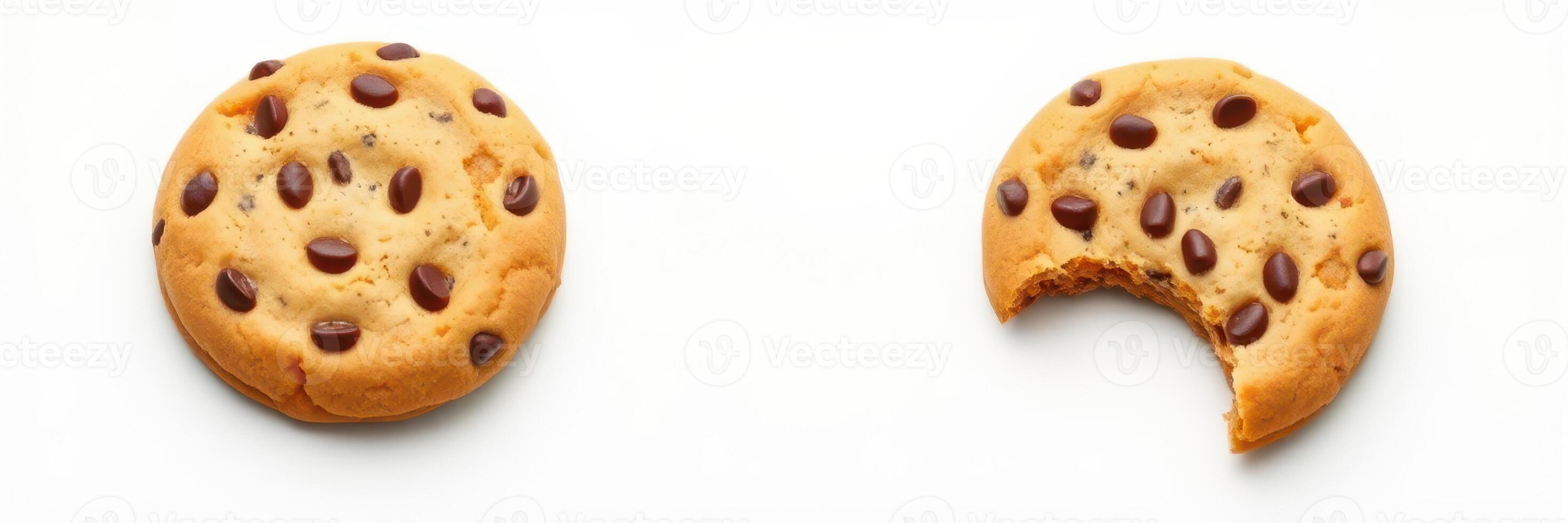 Delicious chocolate chip cookie with a bite taken out, resting on a clean surface photo
