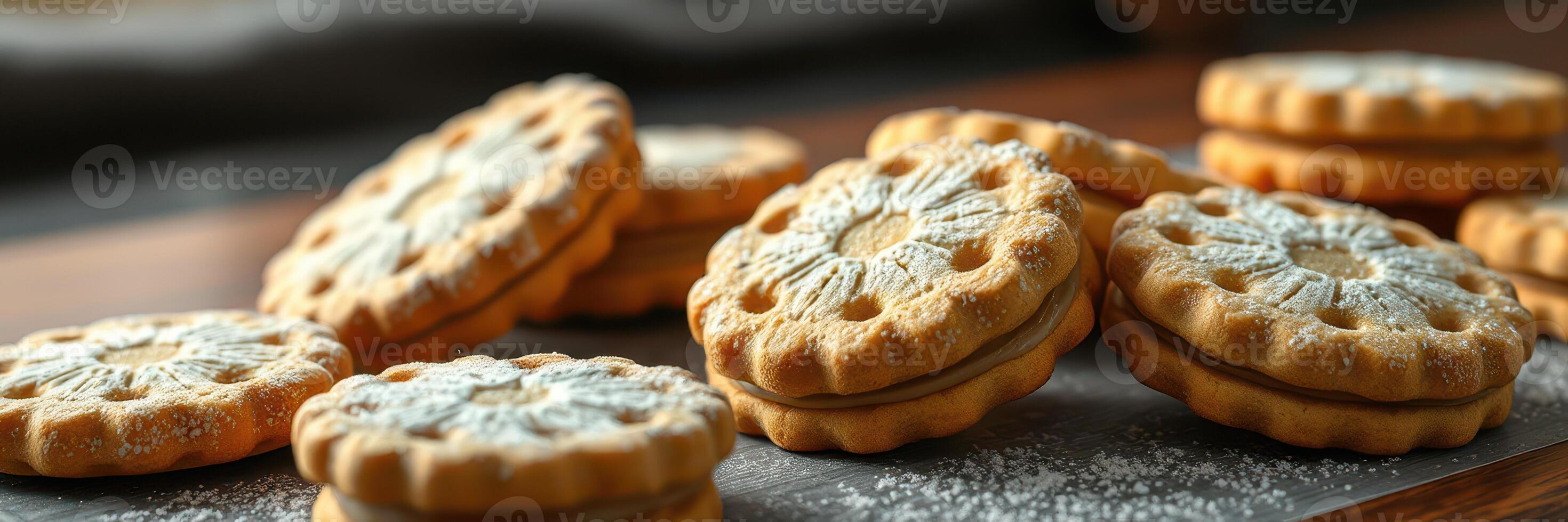 Delicious homemade cookies arranged neatly on a wooden table coated with powdered sugar photo