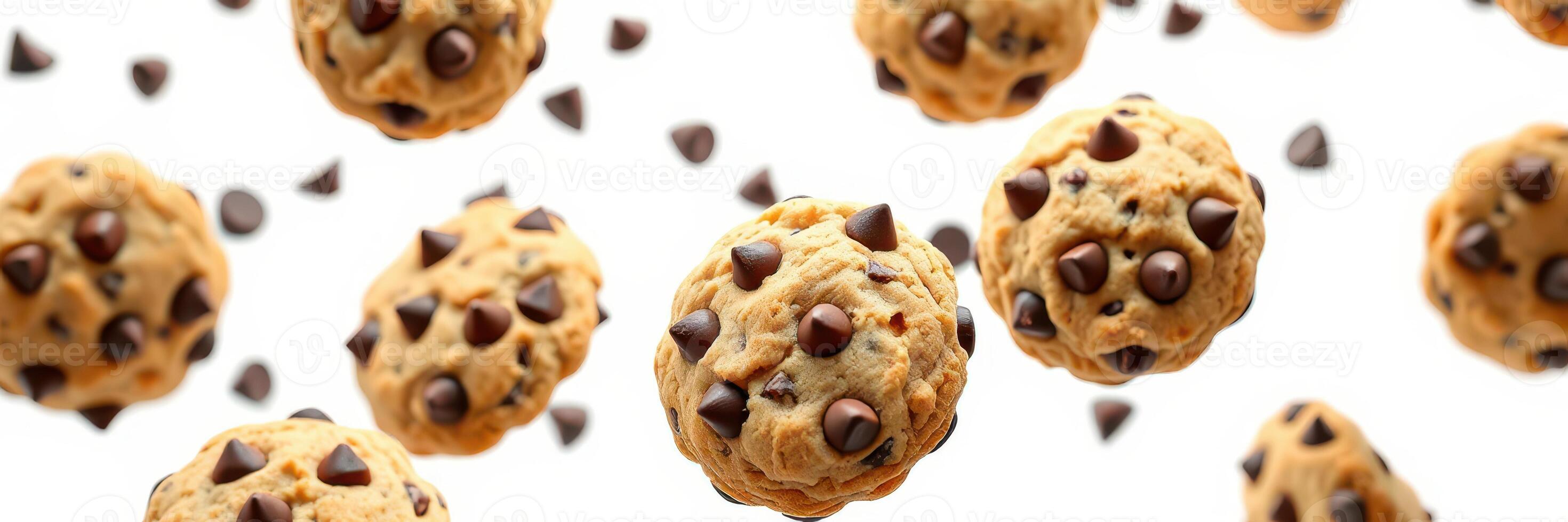 Cookies with chocolate chips floating in the air create a whimsical and appetizing display of baked goodness photo