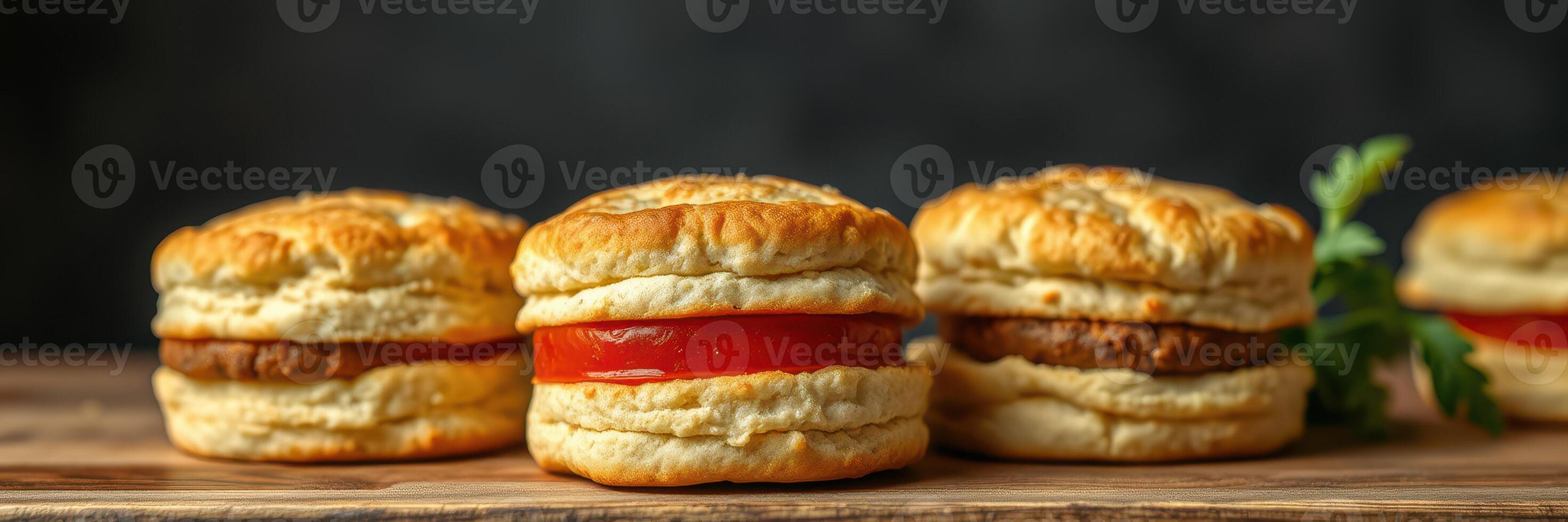 Savory biscuits with layers of sausage and tomato served on a wooden board in a rustic setting photo