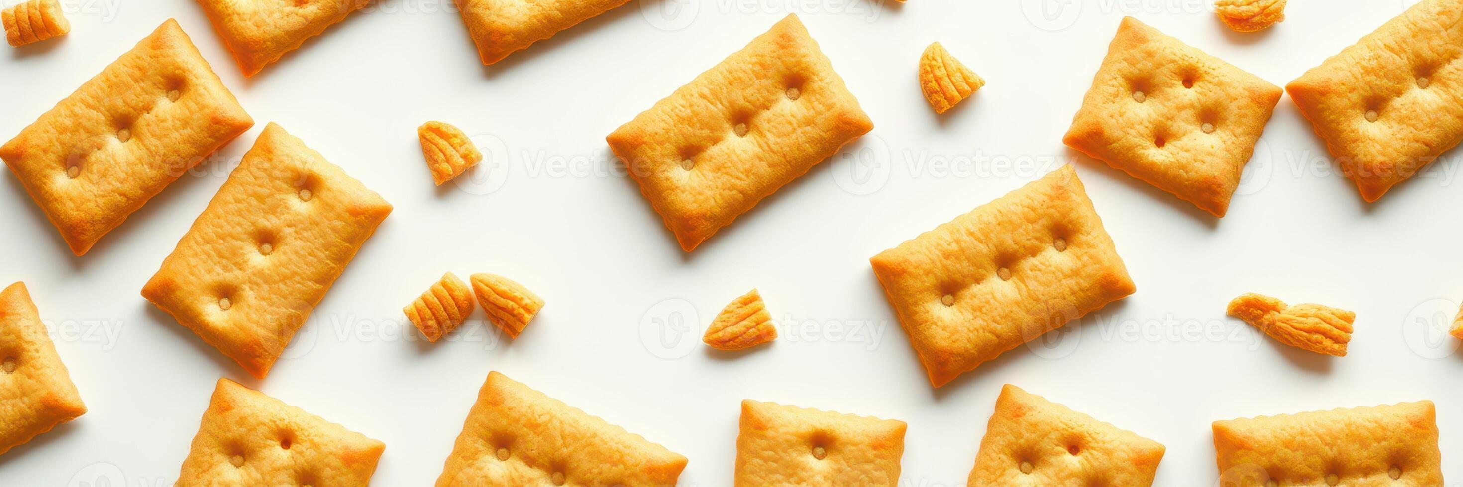 Colorful assortment of savory crackers arranged on a white surface photo