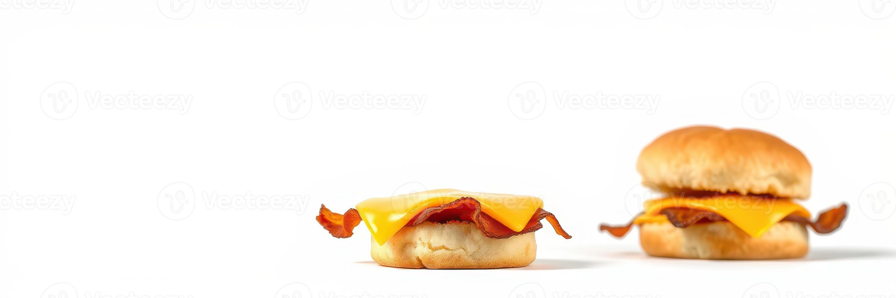 Delicious breakfast sandwiches with melted cheese and crispy bacon on a white background ready to eat photo