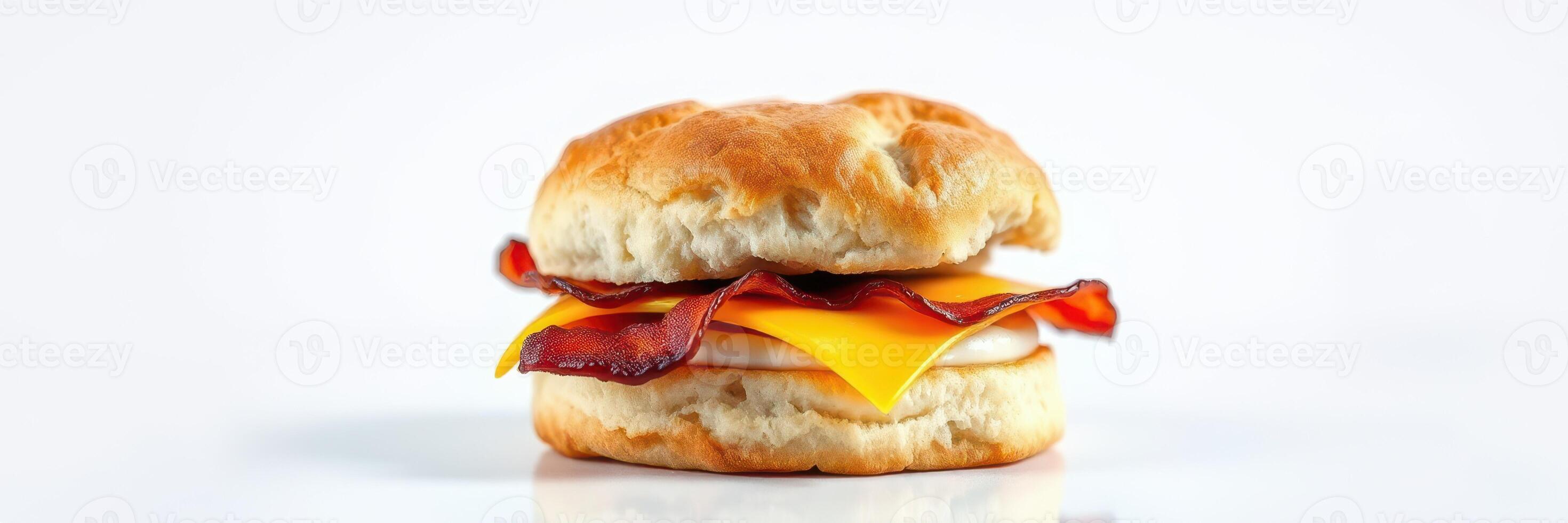 Delicious breakfast biscuit sandwich featuring crispy bacon and melted cheese photo