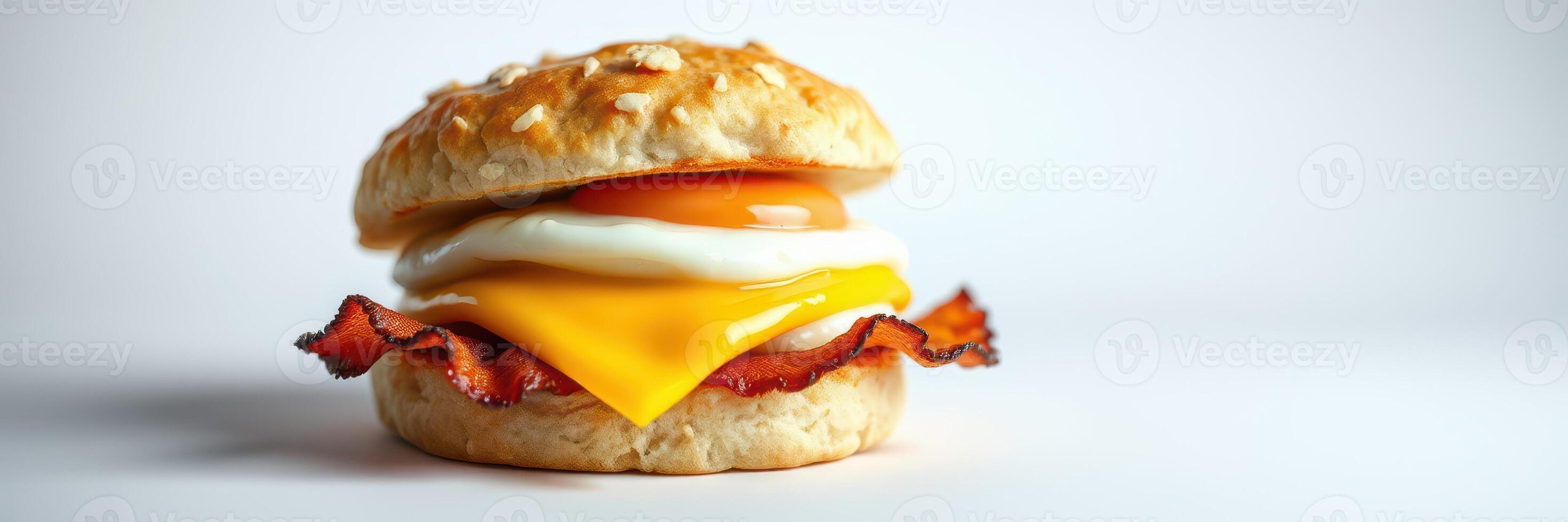 Delicious breakfast sandwich with bacon, egg, and cheese on a toasted bun ready to be enjoyed in the morning photo