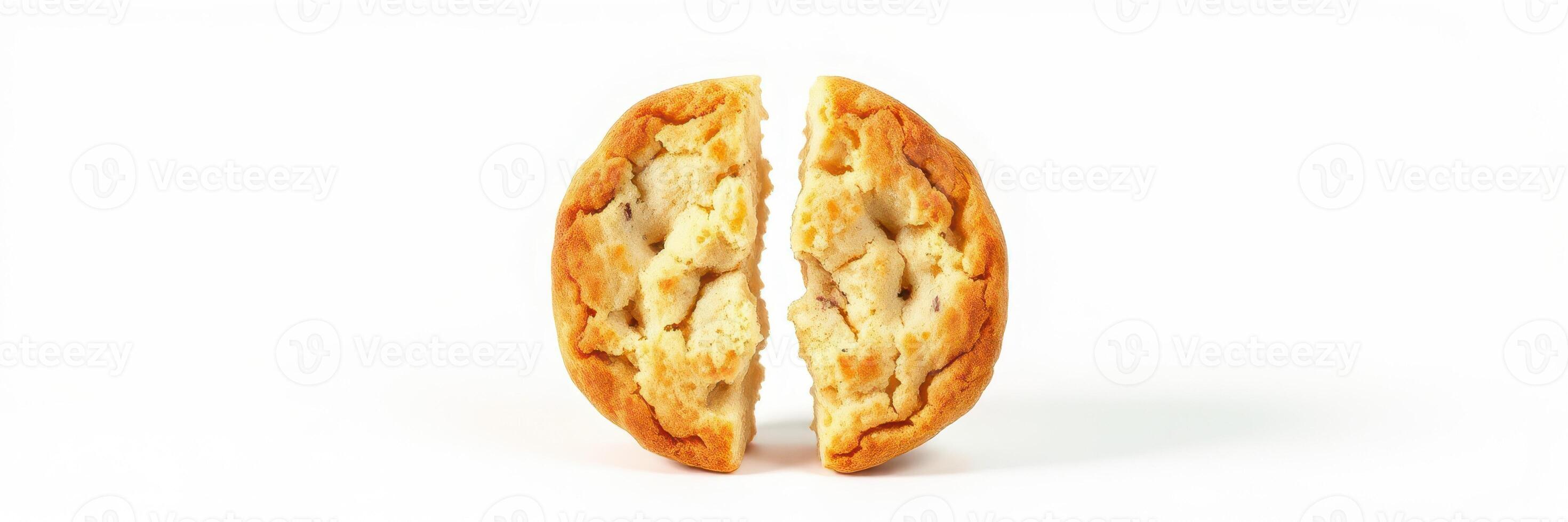 Warm cookie freshly baked and broken in half on a white background showcasing texture and deliciousness photo