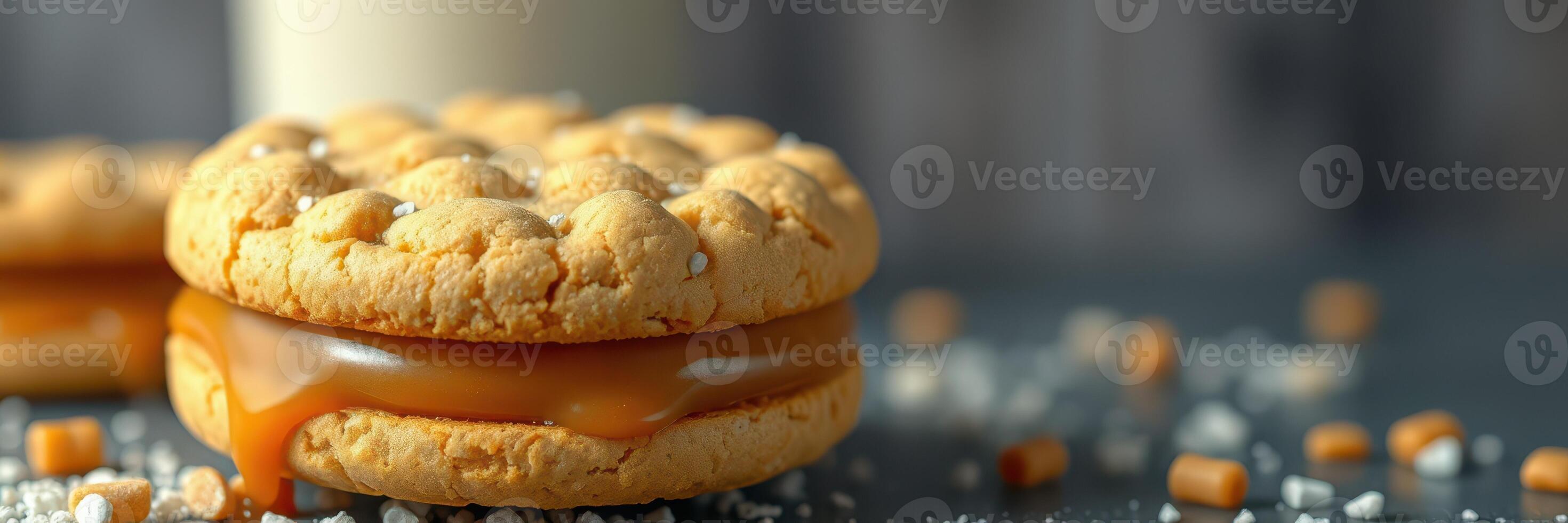Delicious caramel filled cookies served on a table with a glass of milk beside them photo