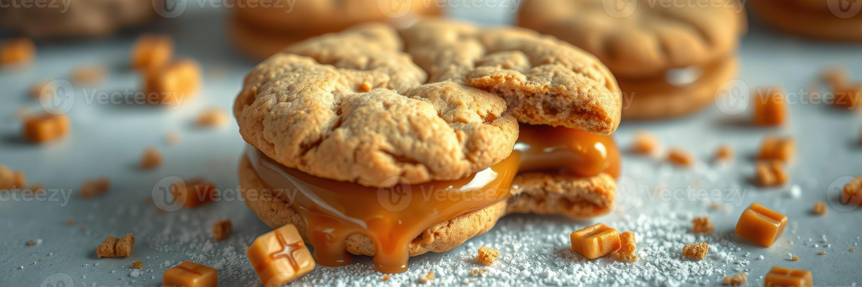 Delicious caramel-filled cookies with a soft texture served on a light surface photo