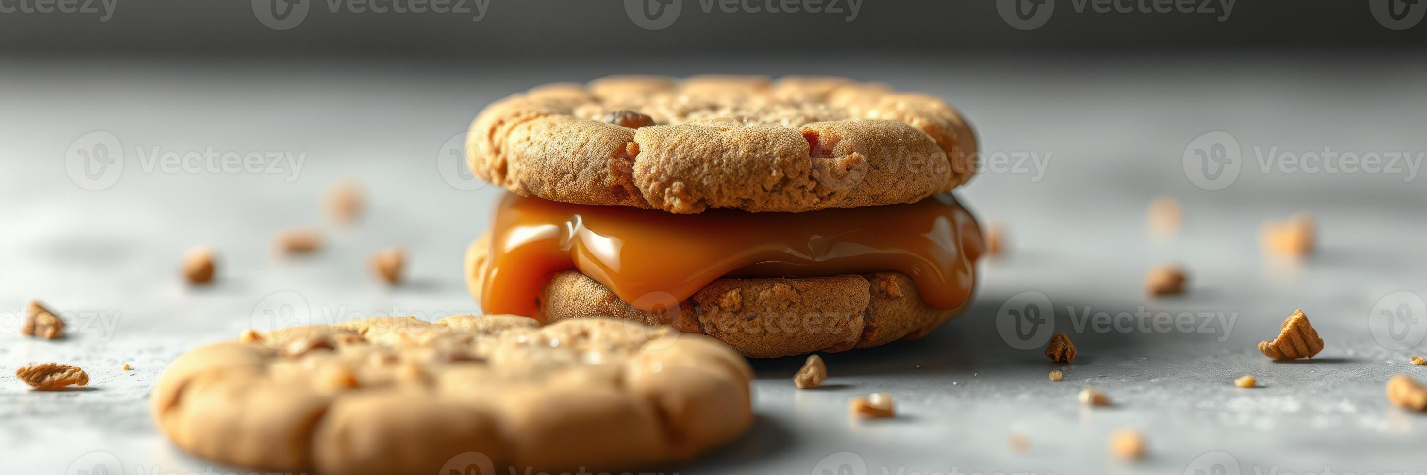 Delicious caramel-filled cookies on a marble surface with sprinkles of toffee bits in the background photo