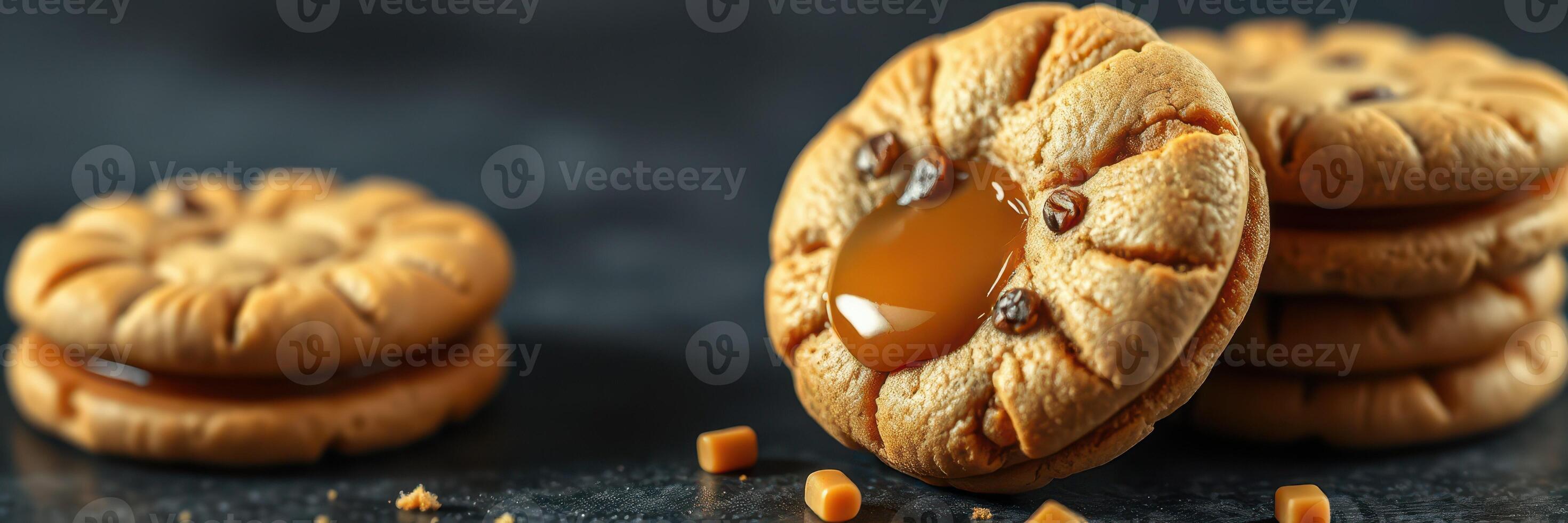 Homemade caramel-filled cookies freshly baked on a dark kitchen countertop showcasing traditional dessert preparation photo