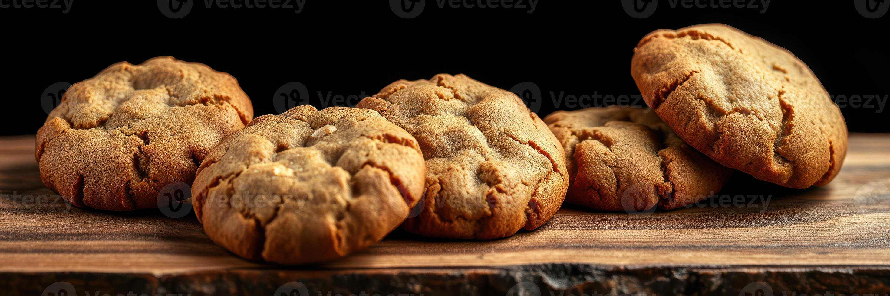Delicious homemade cookies arranged neatly on a wooden surface with dark background highlighting their texture photo