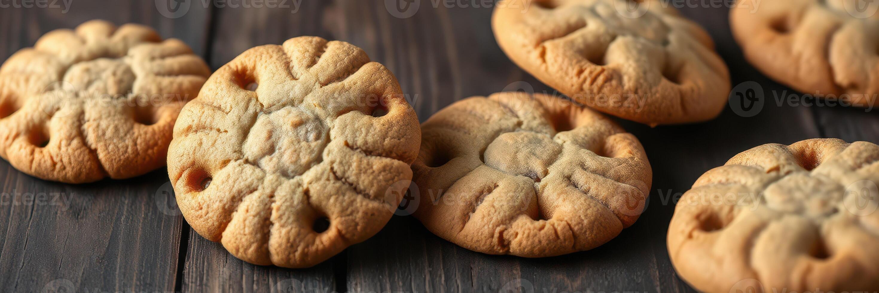Delicious round cookies with floral patterns arranged on a wooden surface photo