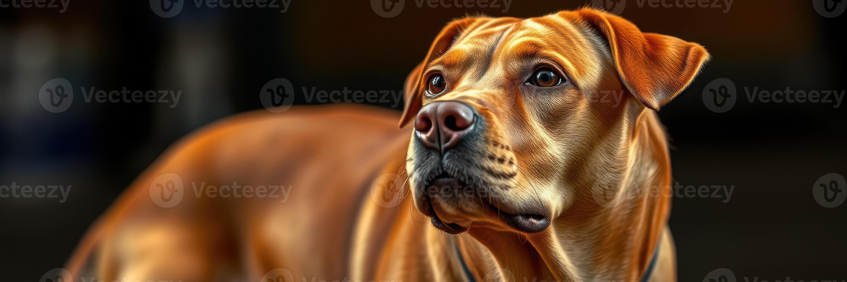 Beautiful brown dog with expressive eyes looking thoughtfully in a cozy indoor setting during the afternoon photo