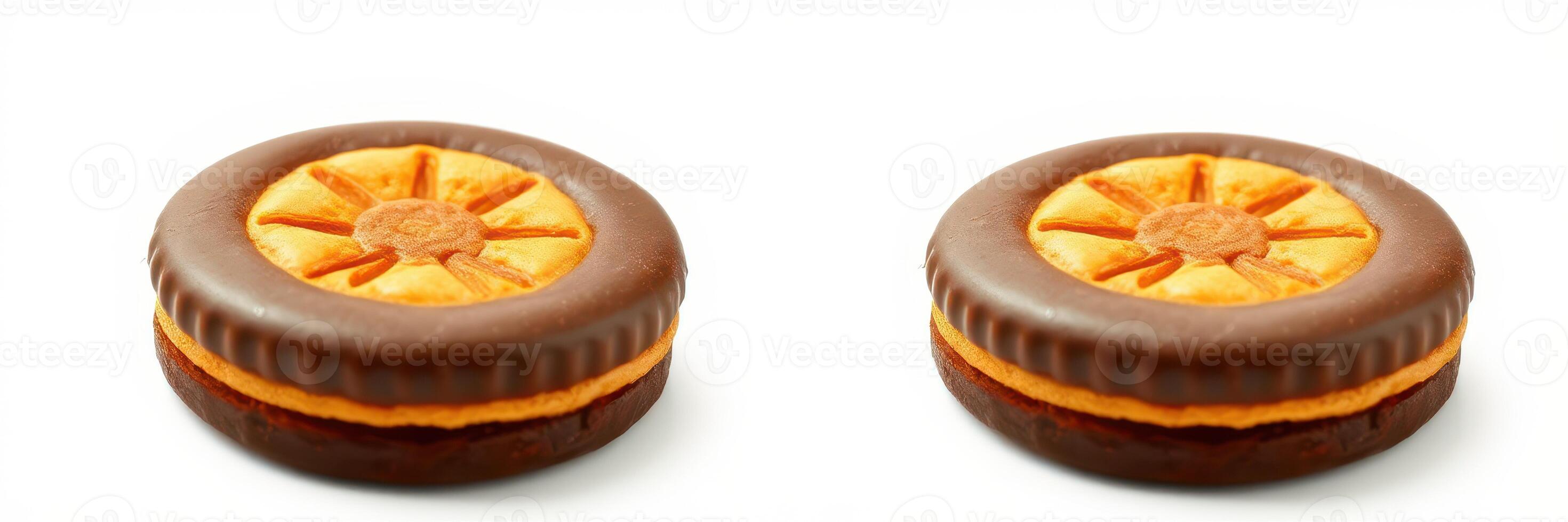 Unique chocolate and orange cream sandwich cookies displayed on a white background in a simple arrangement photo
