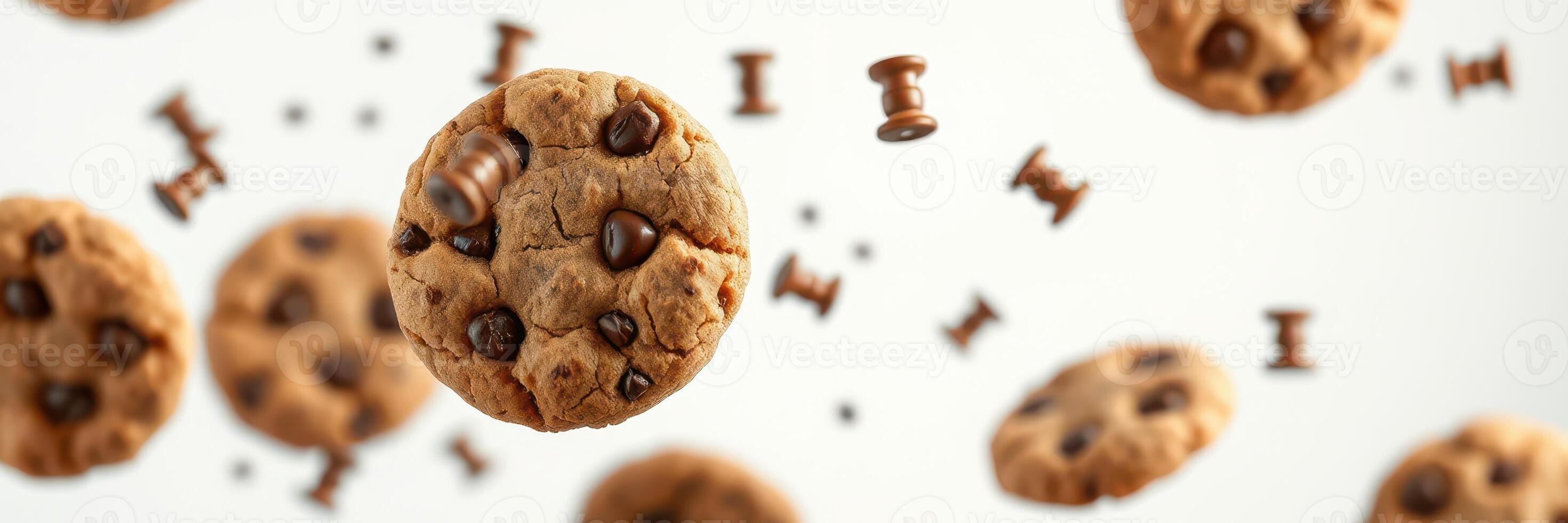 Flying chocolate chip cookies with a light background create a fun and playful atmosphere in the kitchen photo