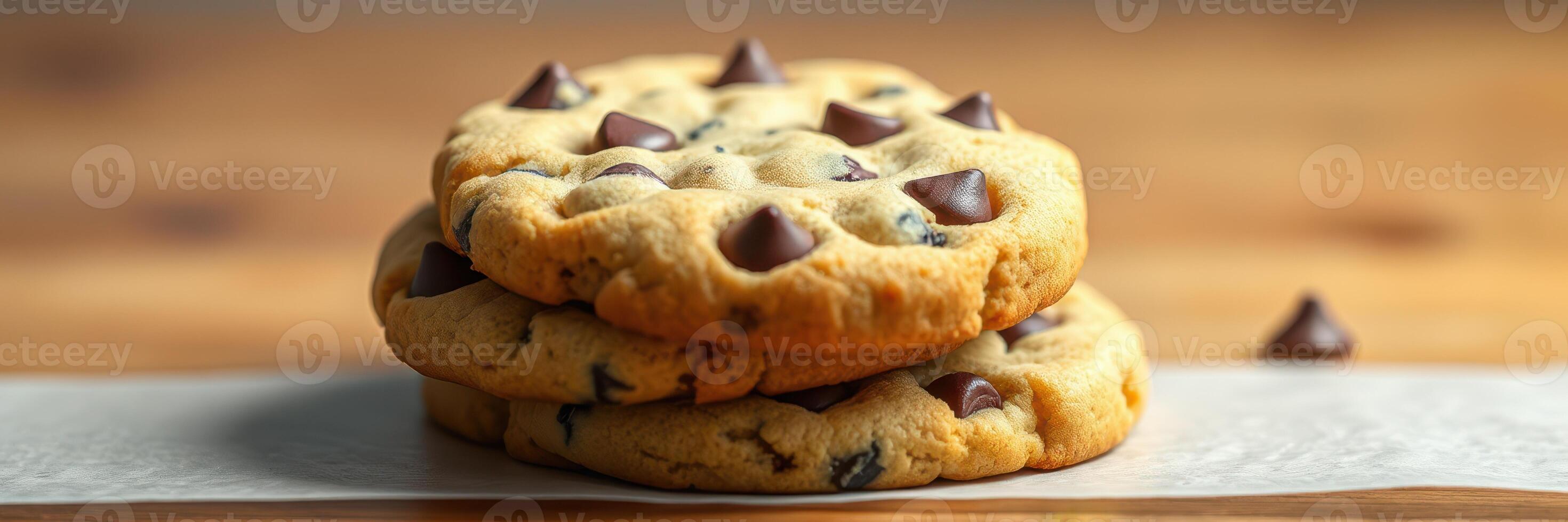 Soft chocolate chip cookies stacked on parchment paper with chocolate chips scattered nearby photo