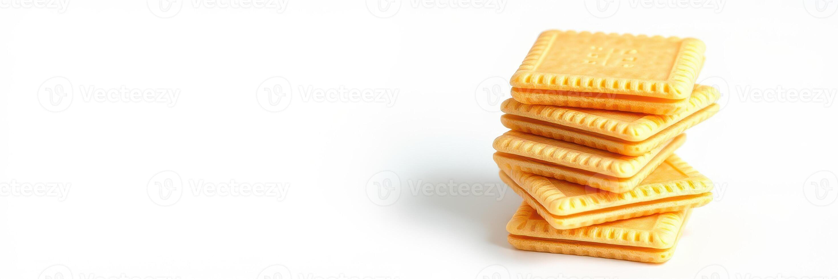 Stack of golden cookies arranged neatly on a white background ideal for baking and dessert enthusiasts photo
