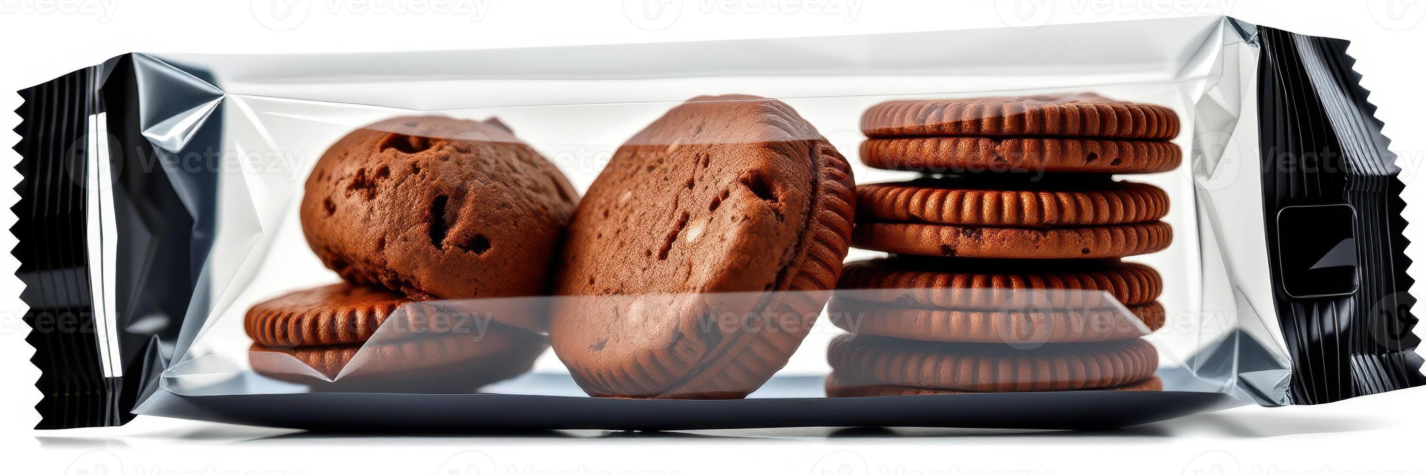 Delicious chocolate cookies packaged in clear plastic wrap ready for sharing and enjoyment photo