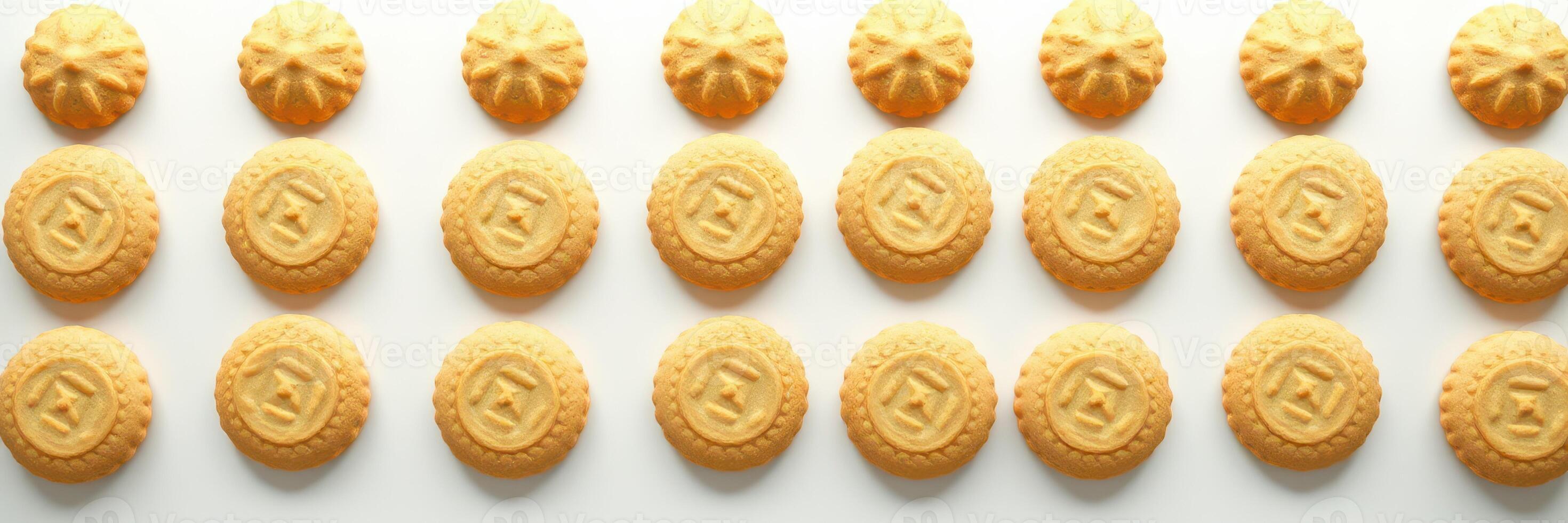 Golden cookies lined up in neat rows on a white surface, showcasing intricate designs and a uniform appearance during a baking session photo