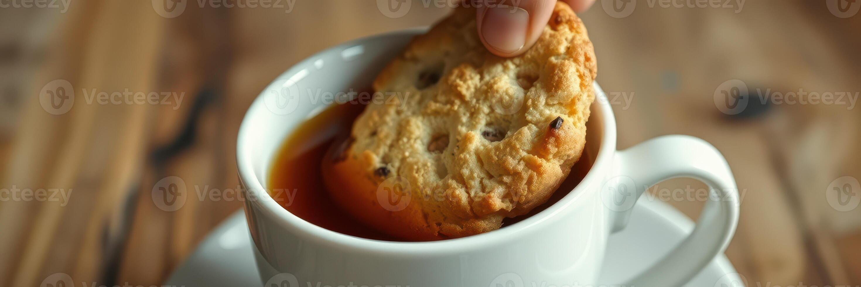 Enjoying a cookie dipped in hot tea during a relaxed afternoon at home photo