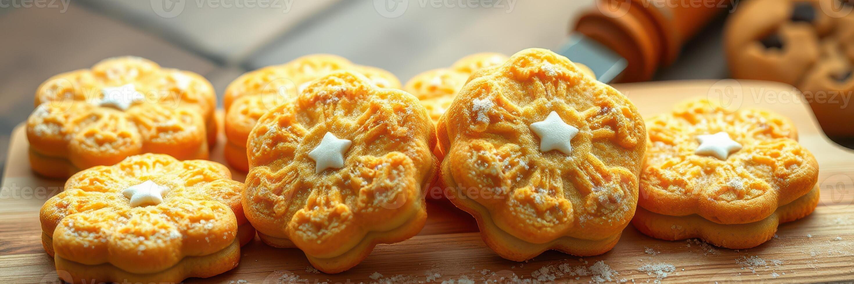 Freshly baked flower-shaped cookies displayed on a wooden board with decorating tools in the background photo