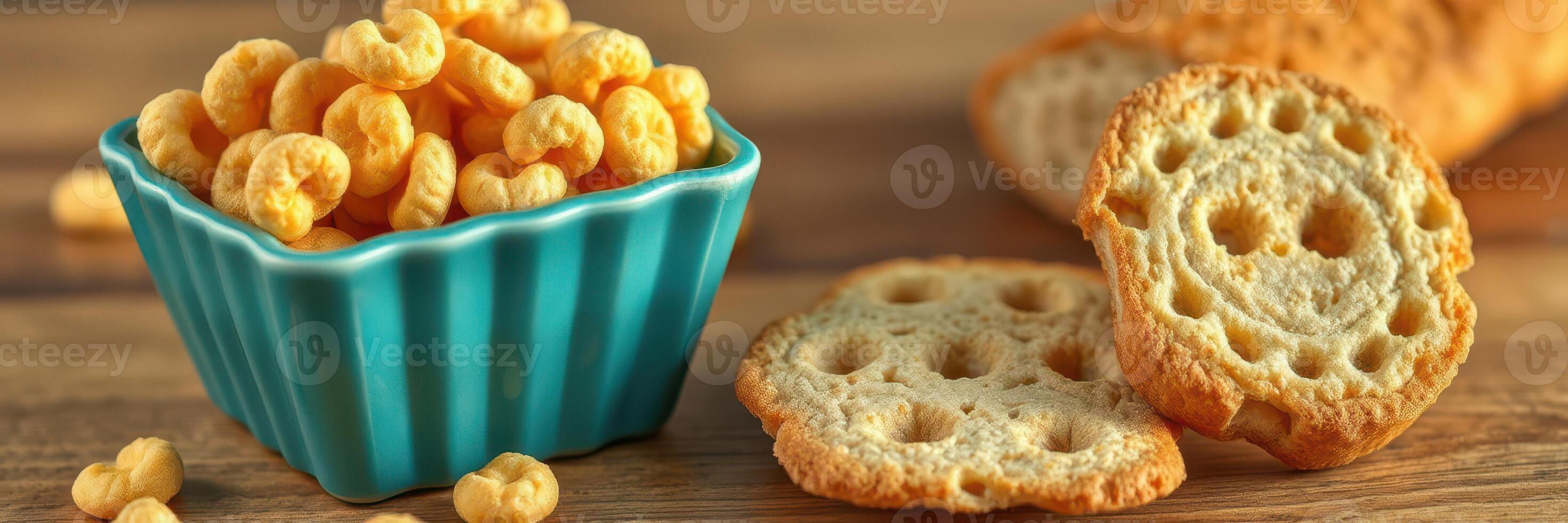 Crunchy snacks in a teal bowl beside sliced crackers on a wooden table photo