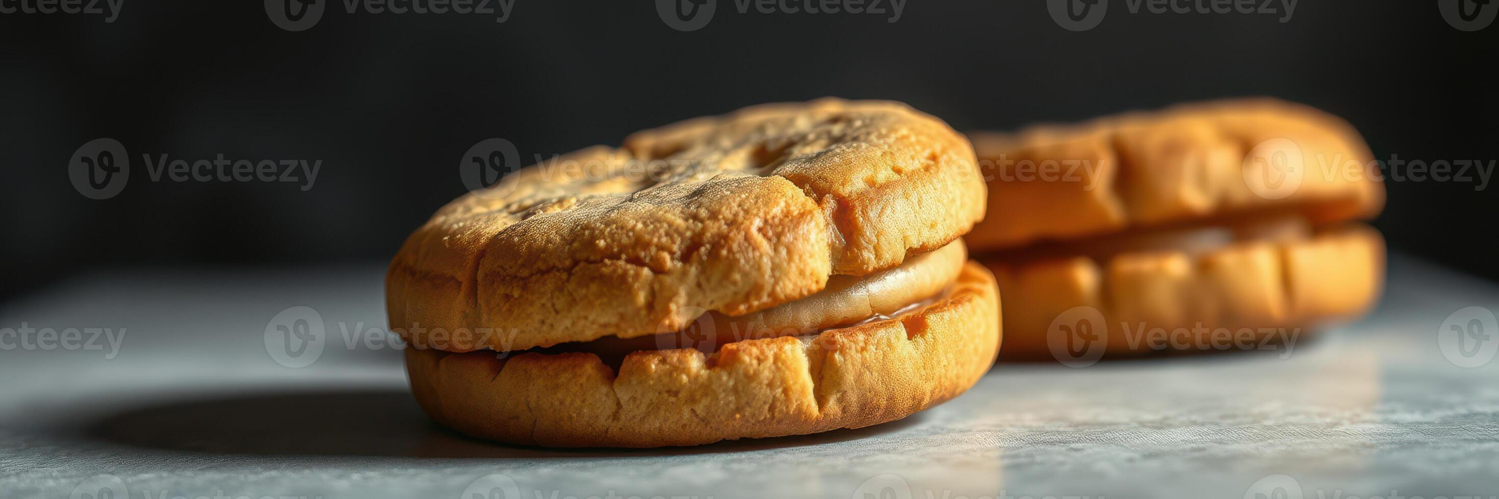 Delicious homemade cookies with creamy filling displayed on a marble surface photo