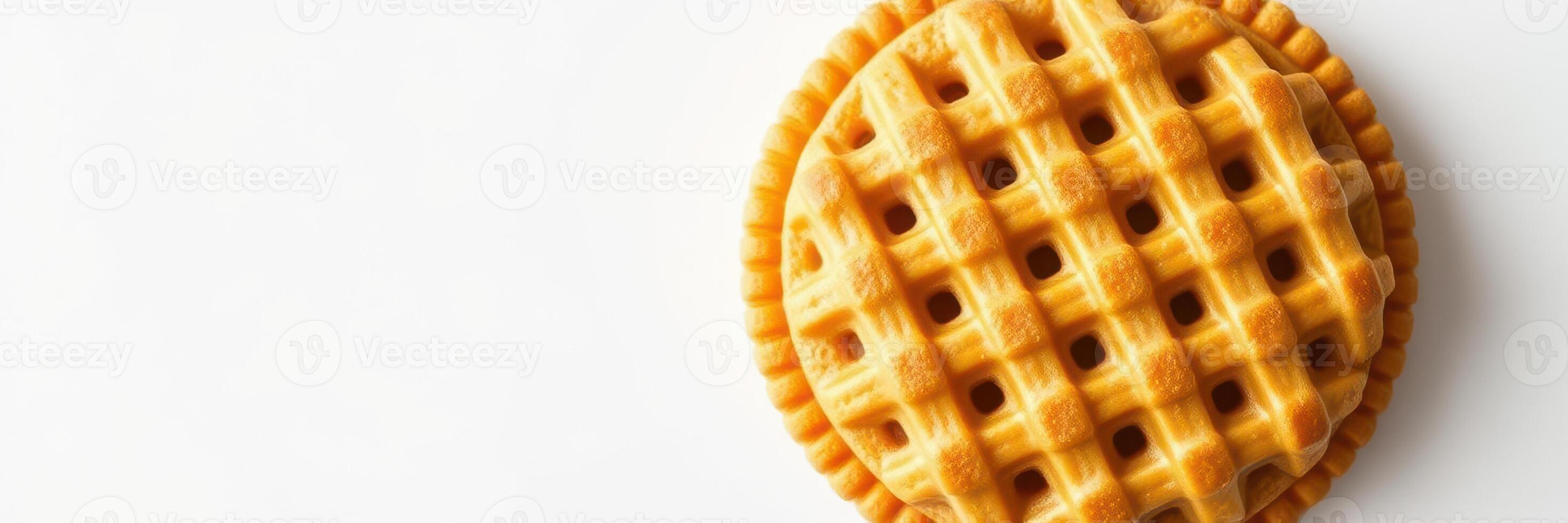 Sweet and crispy waffle cookie stacked with a smooth filling against a minimal background photo