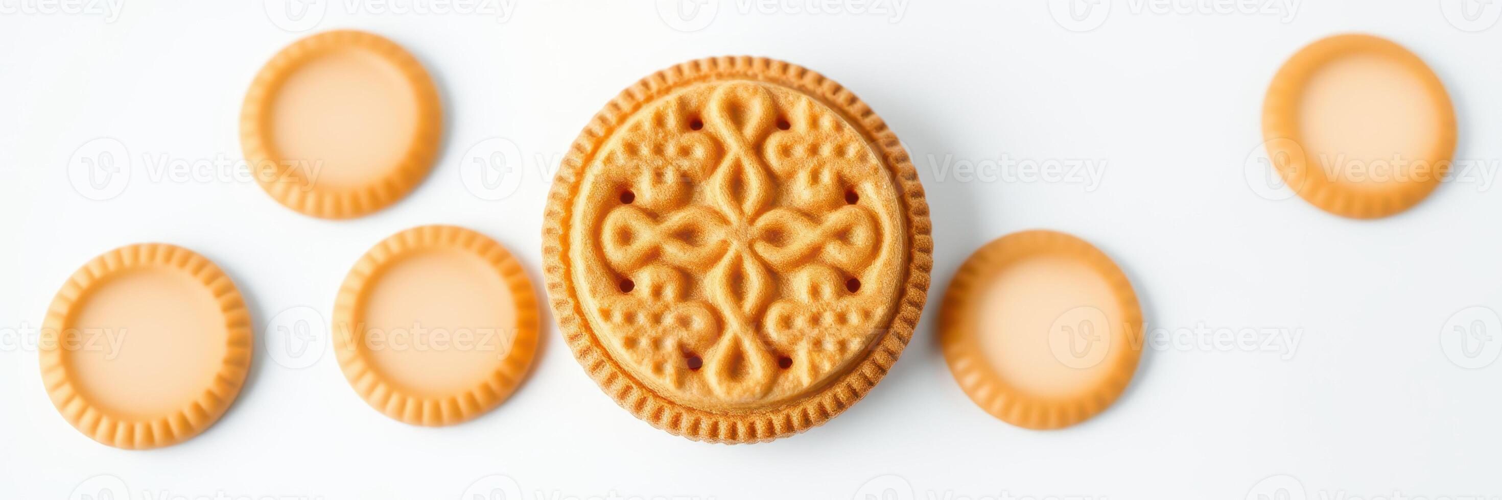 Cream-filled cookies arranged on a white background attractively for a tasty treat display photo